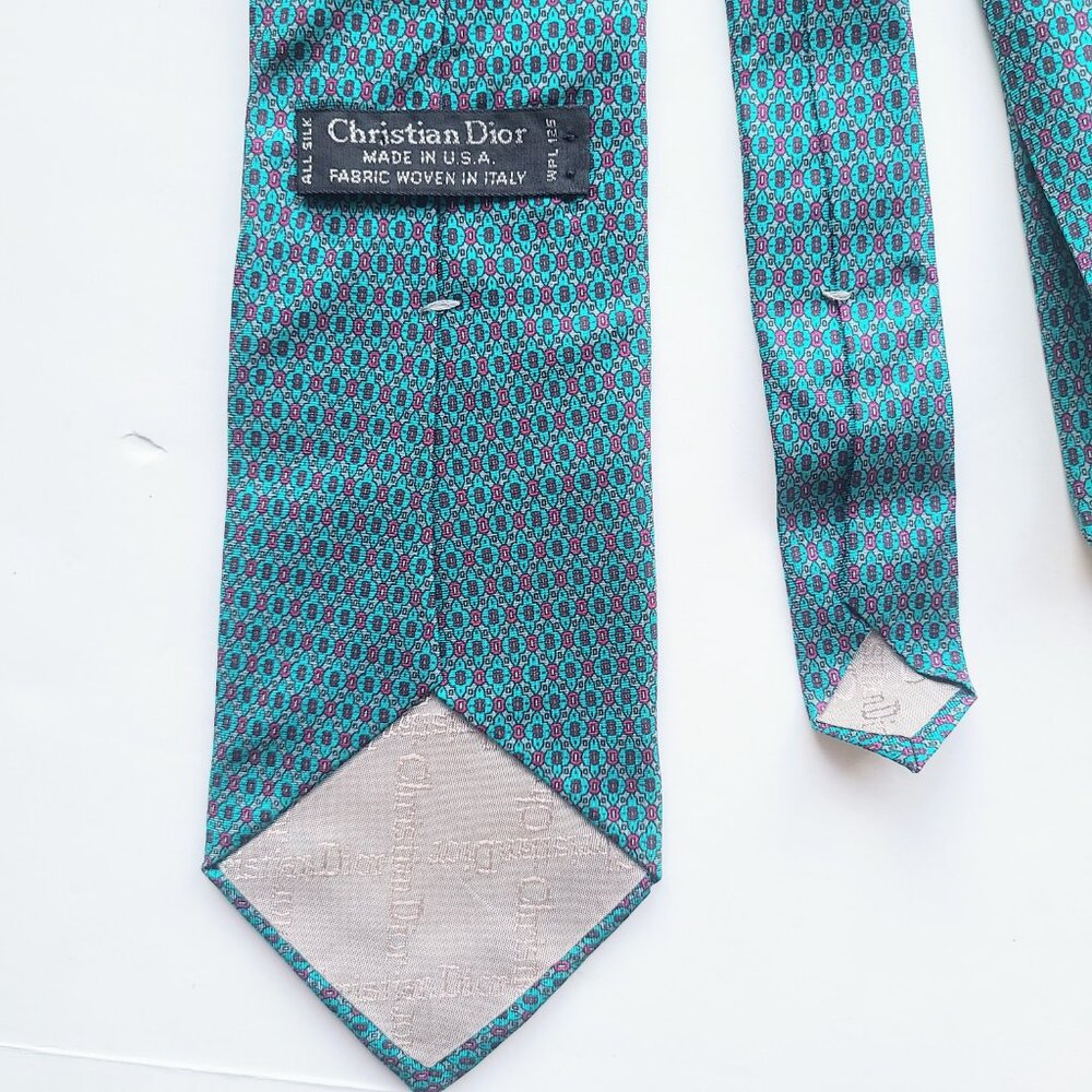 Christian Dior Teal Blue Motif Patterned All Silk Tie - Picture 3 of 3